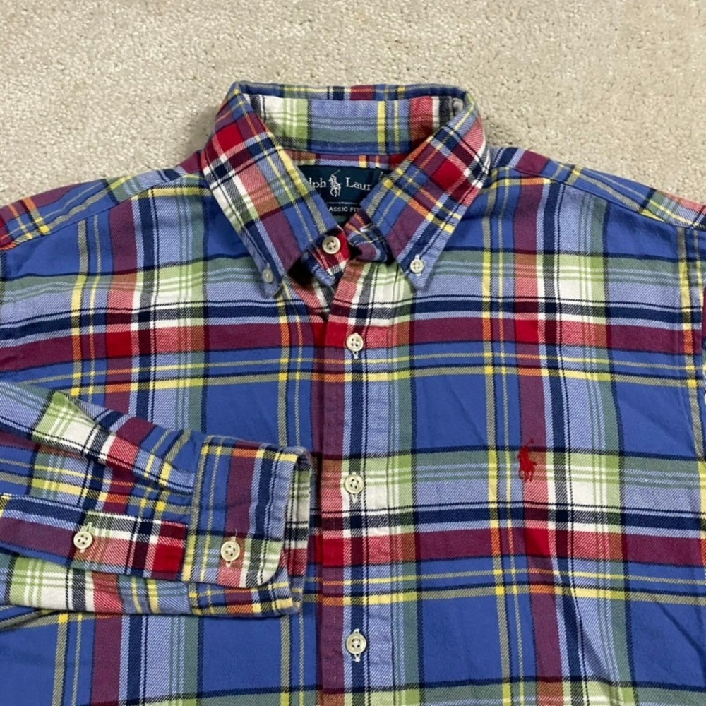 Polo Ralph Lauren Flannel Shirt Mens M Classic Fit Plaid Button Down Blue Red